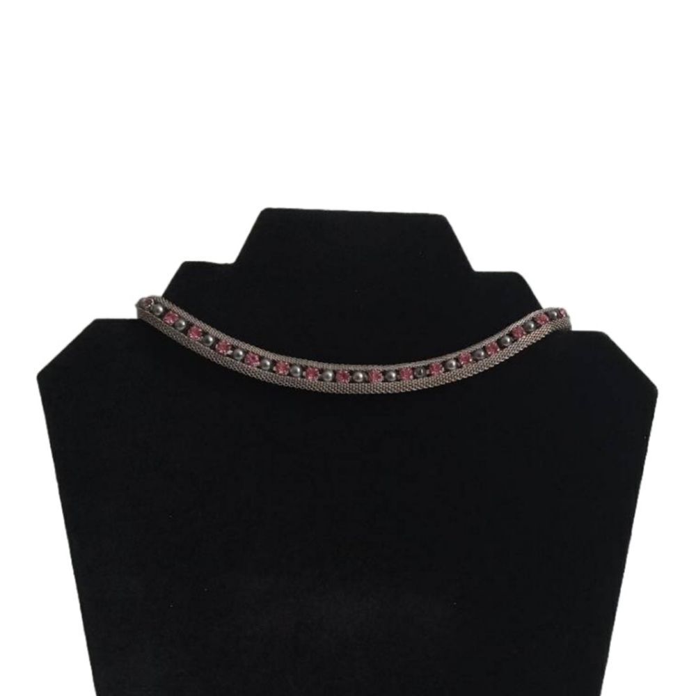 Vintage Pink Rhinestones and Silver Tone Mesh Choker Style Statement Necklace